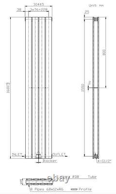 Anthracite Designer Radiator Vertical Flat Panel Double Panel Rad 1600x304mm