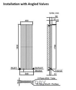 Anthracite Designer Radiator Vertical Oval Column Double Panel Rad 1800x480mm