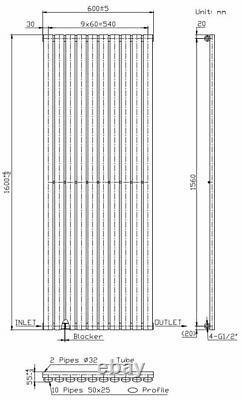 Anthracite Designer Radiator Vertical Oval Column Single Panel Rad 1600x600mm
