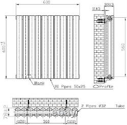 Black Designer Radiator Horizontal Oval Double Panel Rad 600x600mm Steel Modern