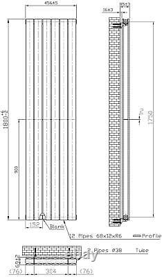 Black Designer Radiator Vertical Flat Double Panel Rad 1800x456mm Steel Modern