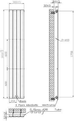 Black Designer Radiator Vertical Flat Single Panel Rad 1800x304mm Steel Modern