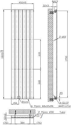 Black Designer Radiator Vertical Flat Single Panel Rad 1800x452mm Steel Modern